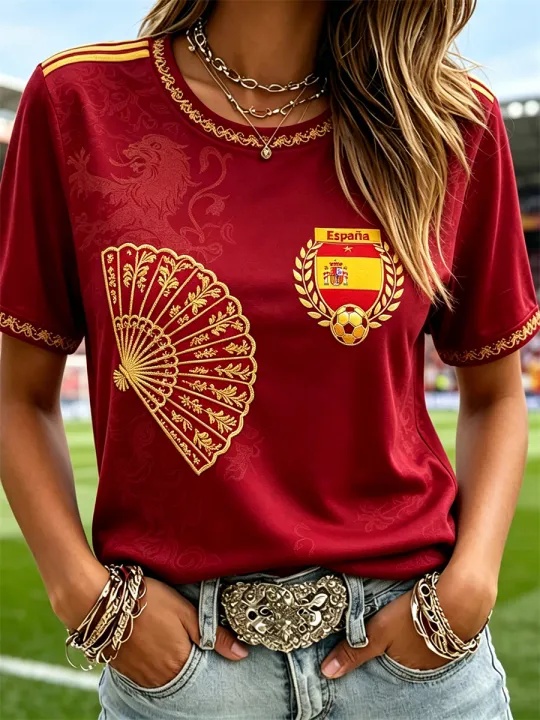 Street Fashion In Spain - İspanya Futbol Taraftar Tişörtü Kollu Nefes
