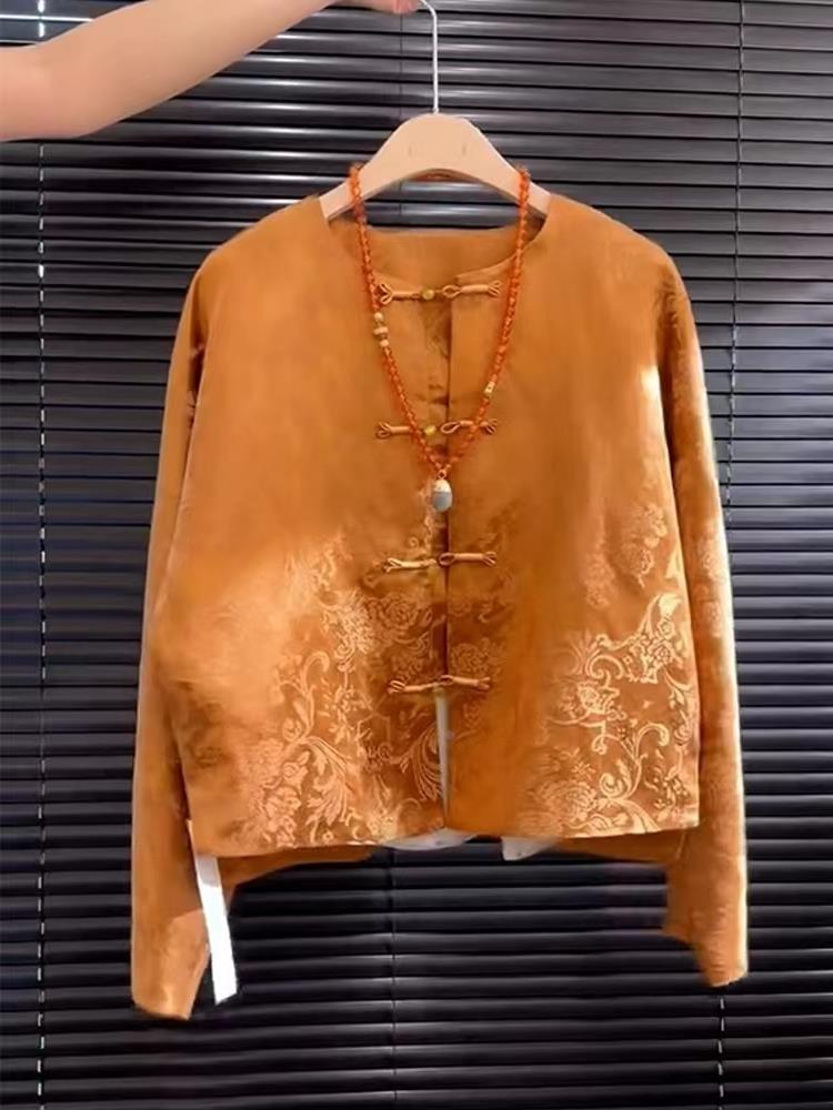Street Fashion In Chinese - Yeni High-End Saten Turuncu Çiçek Nakışlı